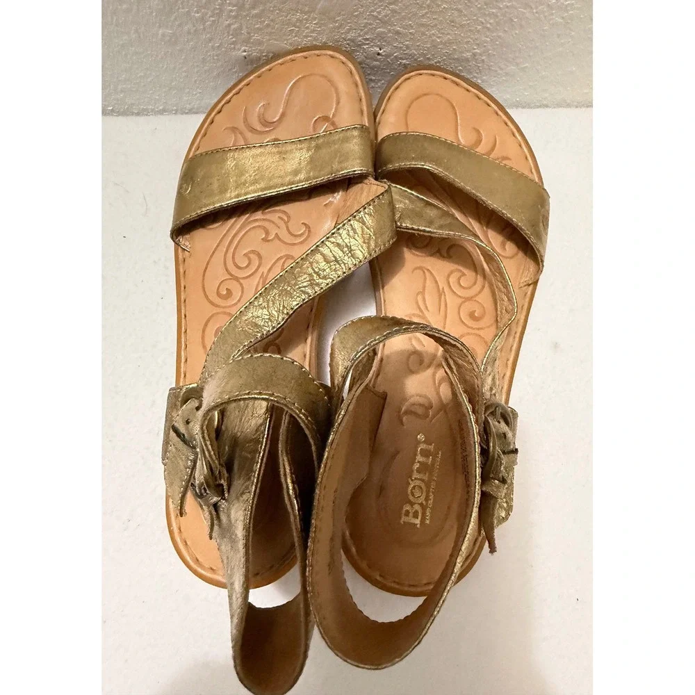 Born Mai Metallic Gold Leather Gladiator Sandals Double Buckle Women's 7M Boho
